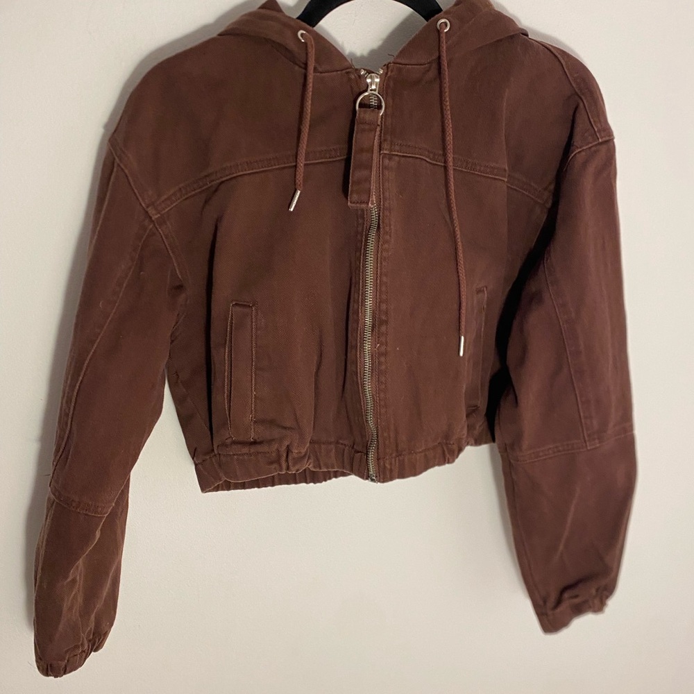 Stoosh burgundy Bomber Jacket, denim material, pockets